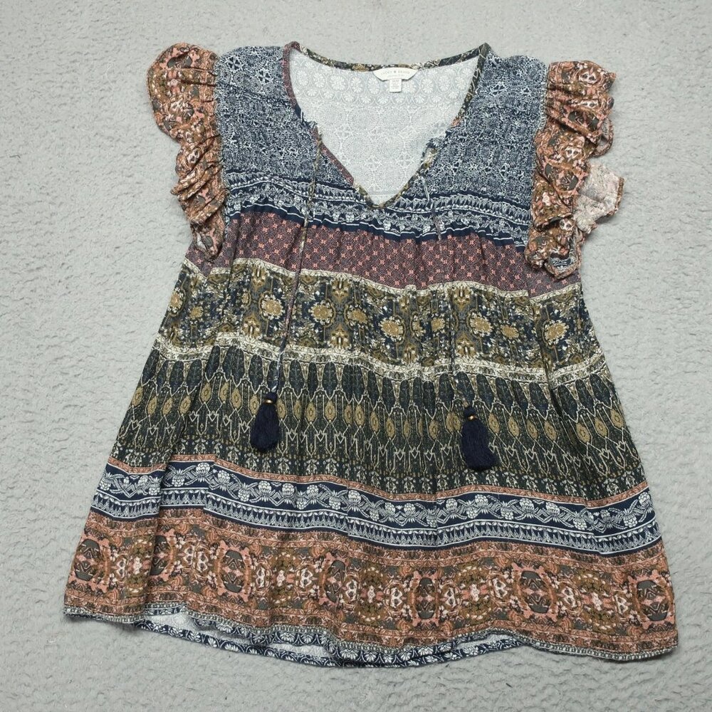 Lucky Brand Blouse Top Womens M Multicolor Printed Ruffle Cap Sleeve V-Neck